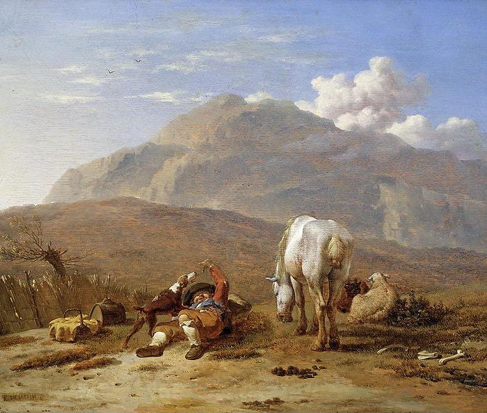 Karel Dujardin Southern landscape with young shepherd and dog.